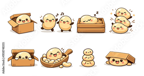 Round white characters in boxes and spoons on neutral background