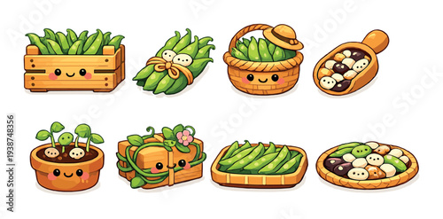 Green pea pods arranged in baskets and containers on plain background