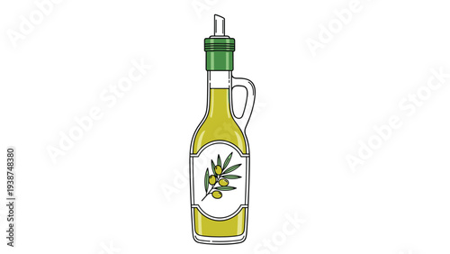 Elegant flat illustration of a glass bottle filled with golden olive oil, embellished with a label featuring a fresh olive branch, ideal for culinary themes.
