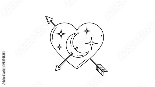 Romantic line art illustration featuring a heart pierced by an arrow, adorned with a crescent moon and sparkling stars, symbolizing love and destiny.