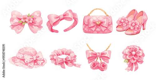 Pink fashion accessories and bows arranged on dark background
