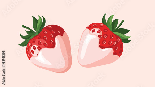 Appetizing flat design illustration of two ripe red strawberries, beautifully half-dipped in creamy white chocolate, perfect for desserts and sweet treats.