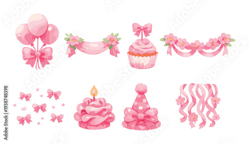 Party decorations and ribbons arranged on dark gradient background
