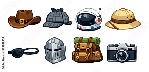 Hats and travel gear icons displayed in two rows on gray background