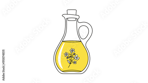 Charming flat illustration of a glass bottle filled with golden rapeseed oil, adorned with a delicate bouquet of wildflowers on the label.