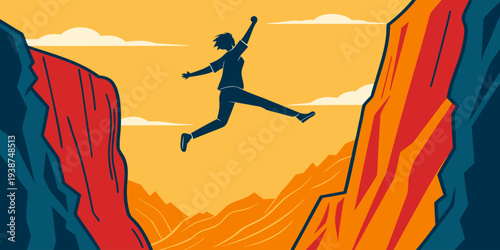 Dynamic illustration of a person jumping over canyon cliffs representing business risk, courage, growth mindset, leadership, determination, and overcoming professional challenges.