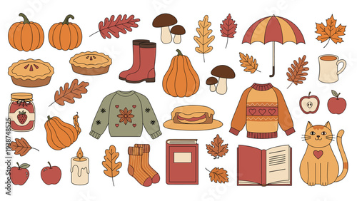 Comprehensive collection of cozy autumn-themed objects and elements, including pumpkins, pies, sweaters, leaves, and a cat, evoking seasonal comfort.