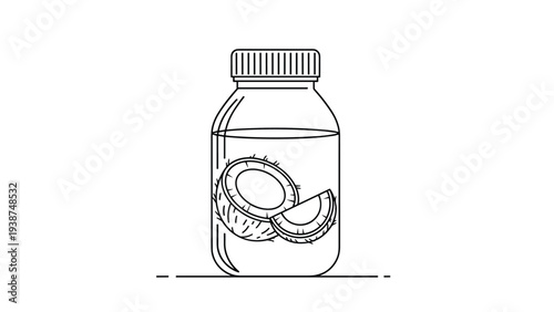 Clear line art illustration of a plain bottle filled with coconut oil, accompanied by fresh whole and cut coconuts, emphasizing natural beauty and health.
