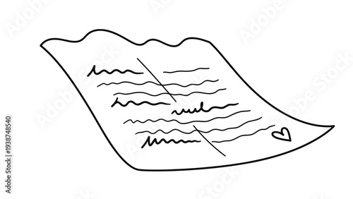 Emotionally charged line art illustration of a crumpled and crossed-out letter, featuring a small heart, suggesting themes of heartbreak or goodbye.