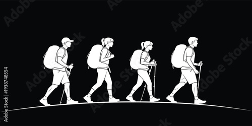 Group of Men and Women Hiking Silhouettes with Backpacks and Walking Sticks Trekking on Mountain Trail for Outdoor Adventure Camping and Wilderness Exploration Designs