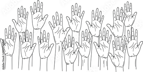 Group of Raised Hands Line Art Illustration Representing Community Support, Volunteering, Voting, Teamwork, and Human Rights for Activism and Educational Design