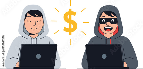Hacker and Ethical Programmer Using Laptop with Dollar Symbol Showing Cybersecurity, Online Fraud, Data Protection and Digital Crime Concept Illustration