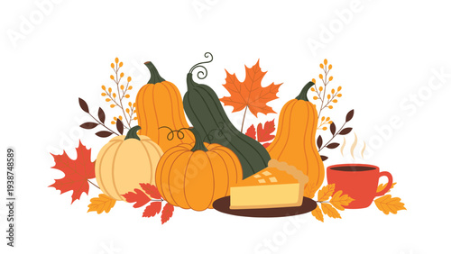 Abundant flat illustration showcasing a delightful autumn harvest display with various pumpkins, a slice of pumpkin pie, and a steaming cup of coffee, surrounded by fall leaves.