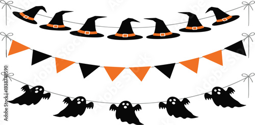 Halloween Hanging Garland Set with Witch Hats, Ghost Decorations, and Orange Black Party Bunting Flags for Spooky Holiday Celebration and Festive Design