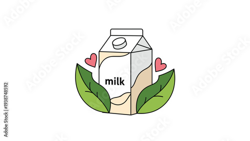 Wholesome flat illustration of a white milk carton, charmingly decorated with green leaves and pink hearts, symbolizing healthy, natural dairy or plant-based milk.