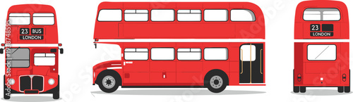 Classic red London double decker bus vector illustration showing front side and rear views isolated on white background transport icon