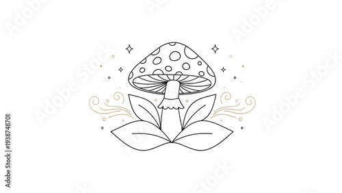 Whimsical line art illustration of a charming mushroom sitting gracefully on two large leaves, surrounded by delicate sparkling stars and ethereal wisps.