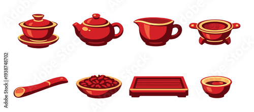 Tea ceremony tools arranged in two rows on gray background