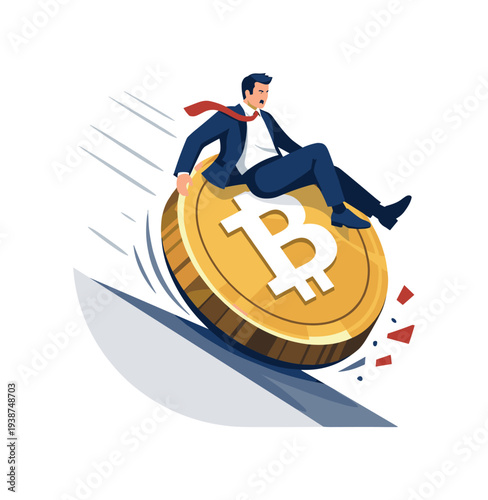 Bitcoin crash concept: businessman falling down on a giant coin