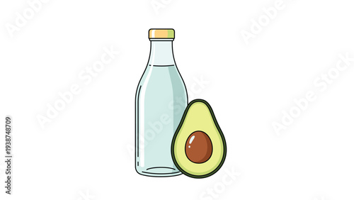 Simple flat illustration of a clear bottle, likely containing water or oil, paired with a fresh half-cut avocado, representing health and natural goodness.