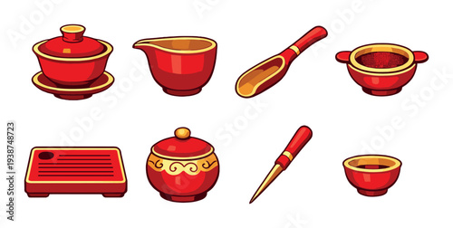 Traditional tea utensils arranged in rows on plain backdrop