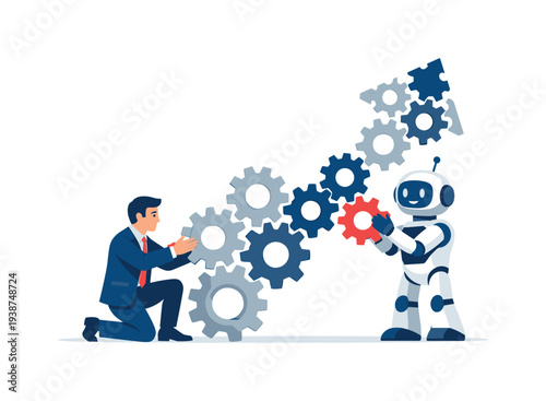 Man and robot collaborate to build upward trending gears for business growth