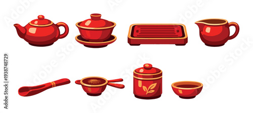 Red tea utensils and serving pieces on neutral gradient background