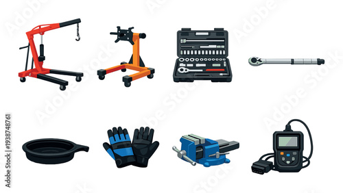 Engine hoist and toolkit displayed on workshop background