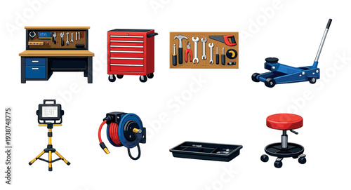 Workbench and tool cabinet with floor jack in workshop