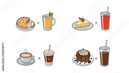 Appealing set of food and drink pairings, showcasing various combinations of pies, cakes, coffees, and juices in a charming flat design style.