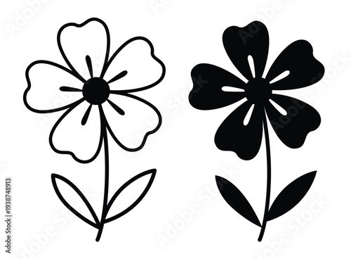 Two stylized flowers black and white line art vector illustration flat design