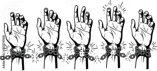 Hands Breaking Chains Freedom Concept Illustration with Raised Fists and Broken Shackles for Human Rights, Protest Symbol, Liberation Movement, and Vector Line Art