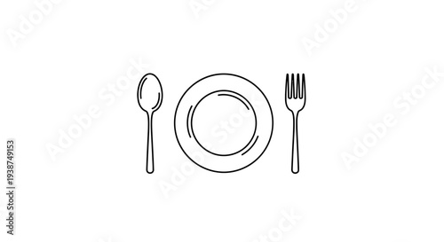 Simple Line Art Icon of a Plate with Spoon and Fork - Minimalist Dining Setup