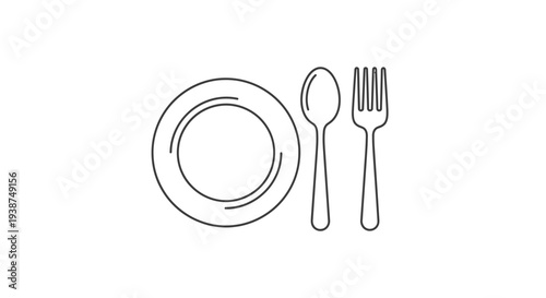 Simple Line Art Icon of a Plate, Spoon, and Fork - Minimalist Dining Utensils