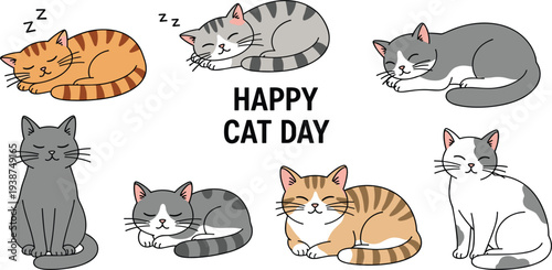 Happy Cat Day Vector Illustration Set with Cute Sleeping and Sitting Cats for Pet Holiday Greeting Cards Social Media and Animal Lover Designs