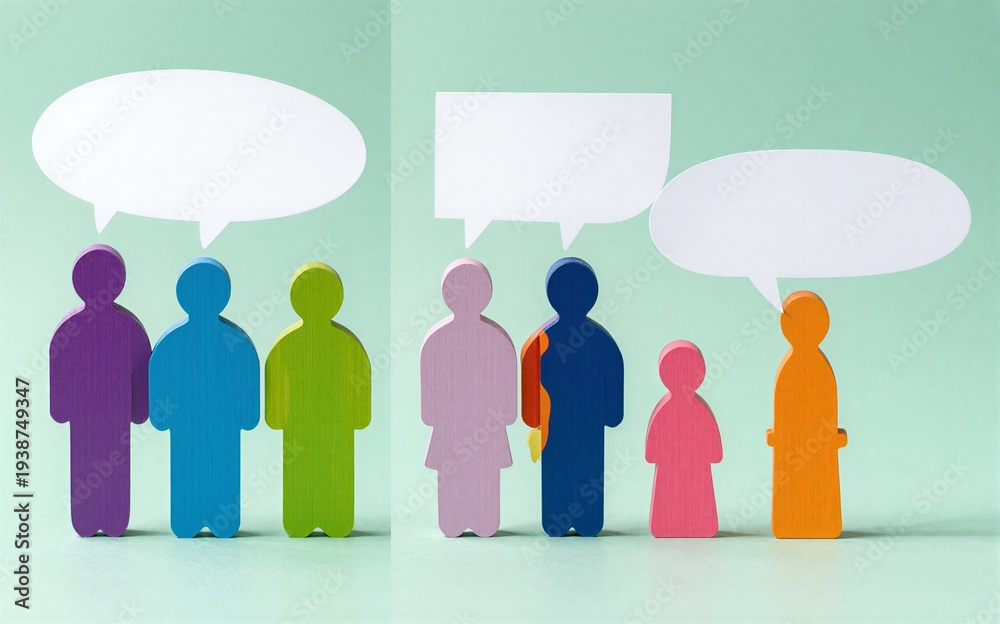 Fototapeta premium Colorful paper cutouts represent diverse groups communicating with