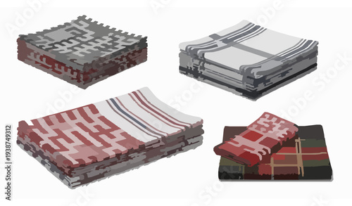 Realistic Kitchen Textile Set Folded Napkins Dish Towels and Tablecloths with Gingham Plaid Stripes and Tartan