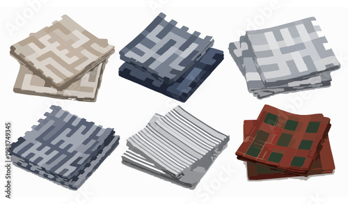 Realistic Folded Napkins and Kitchen Towels Set with Gingham Plaid Striped and Tartan Fabric Patterns Vector