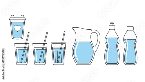 Clear and refreshing set of various water containers, including cups with hearts and straws, pitchers, and bottles, filled with cool blue liquid.