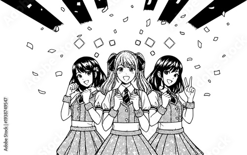 制服姿の三人組アイドル　ステージでポーズするアニメ風モノクロイラスト
