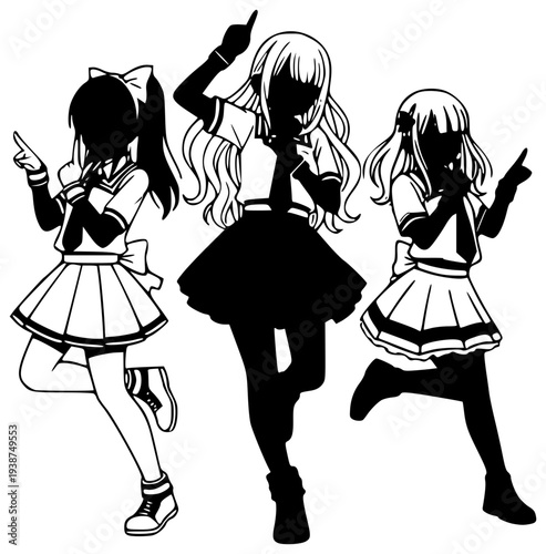 三人組アイドルのシルエット　ライブパフォーマンスのモノクロイラスト