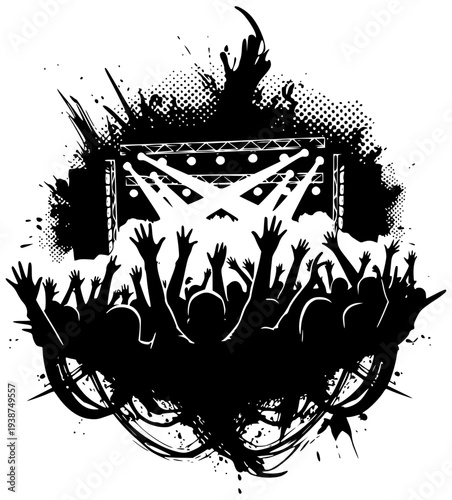 ライブ会場の観客シルエット　音楽フェスのグランジロゴ風イラスト