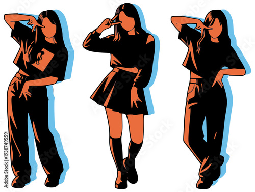 ダンスする女性3人のシルエット　ストリートダンスのポップアート風イラスト