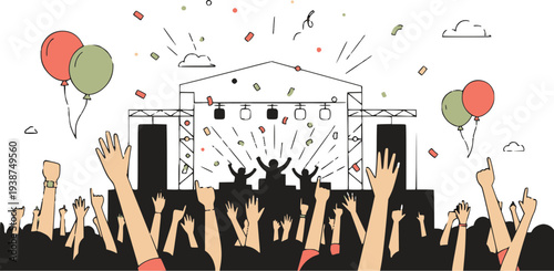 音楽フェスのステージと観客　手を上げる群衆のライブ会場イラスト