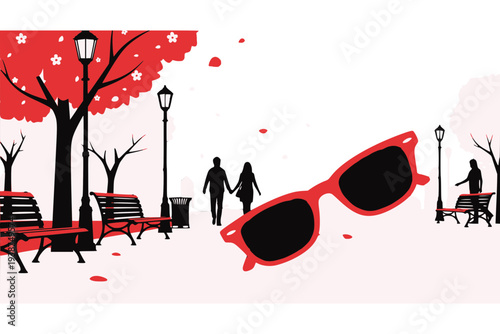 赤い木々の公園とサングラス　秋の散歩とデートのポップな風景イラスト