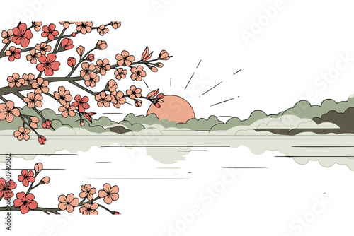 梅の花と朝日が映る湖　和風ミニマルの春風景イラスト