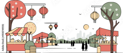春祭りの屋台と提灯の街並み　日本のフェスティバル風景イラスト