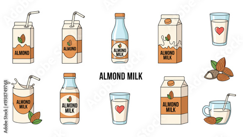 Comprehensive set of almond milk illustrations, showcasing various cartons, bottles, and glasses, some with almonds and leaves, for plant-based nutrition.