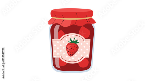 Sweet flat illustration of a charming strawberry jam jar, securely sealed with a red cloth and featuring a decorative label with a ripe strawberry.
