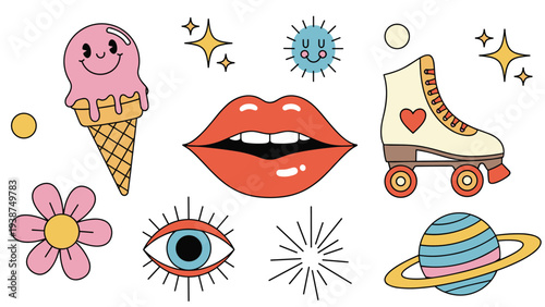 Vibrant set of retro aesthetic stickers and elements, featuring an ice cream cone, lips, roller skate, eye, planet, and sparkling stars, evoking a groovy vibe.